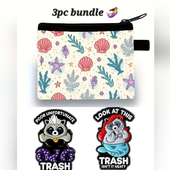 Accessories - 3pc Themed Bundle - Ocean Coin Purse & 2 Raccoon Pins - Mermaid Ursula Funny